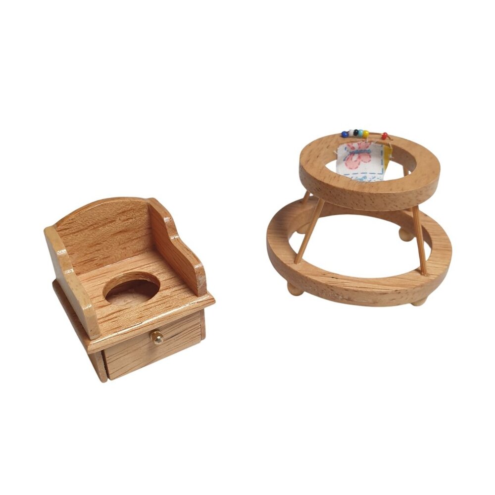 Miniature Vintage Dollhouse Potty Chair Activity Walker Set Nursery Baby Room